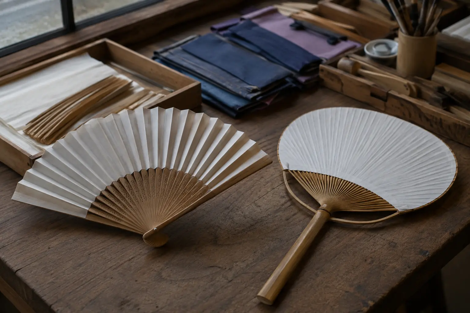 Japanese sensu folding fan and uchiwa rigid fan with bamboo structures