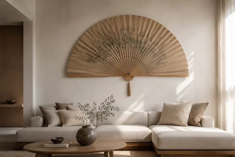 large bamboo fan wall decor living room
