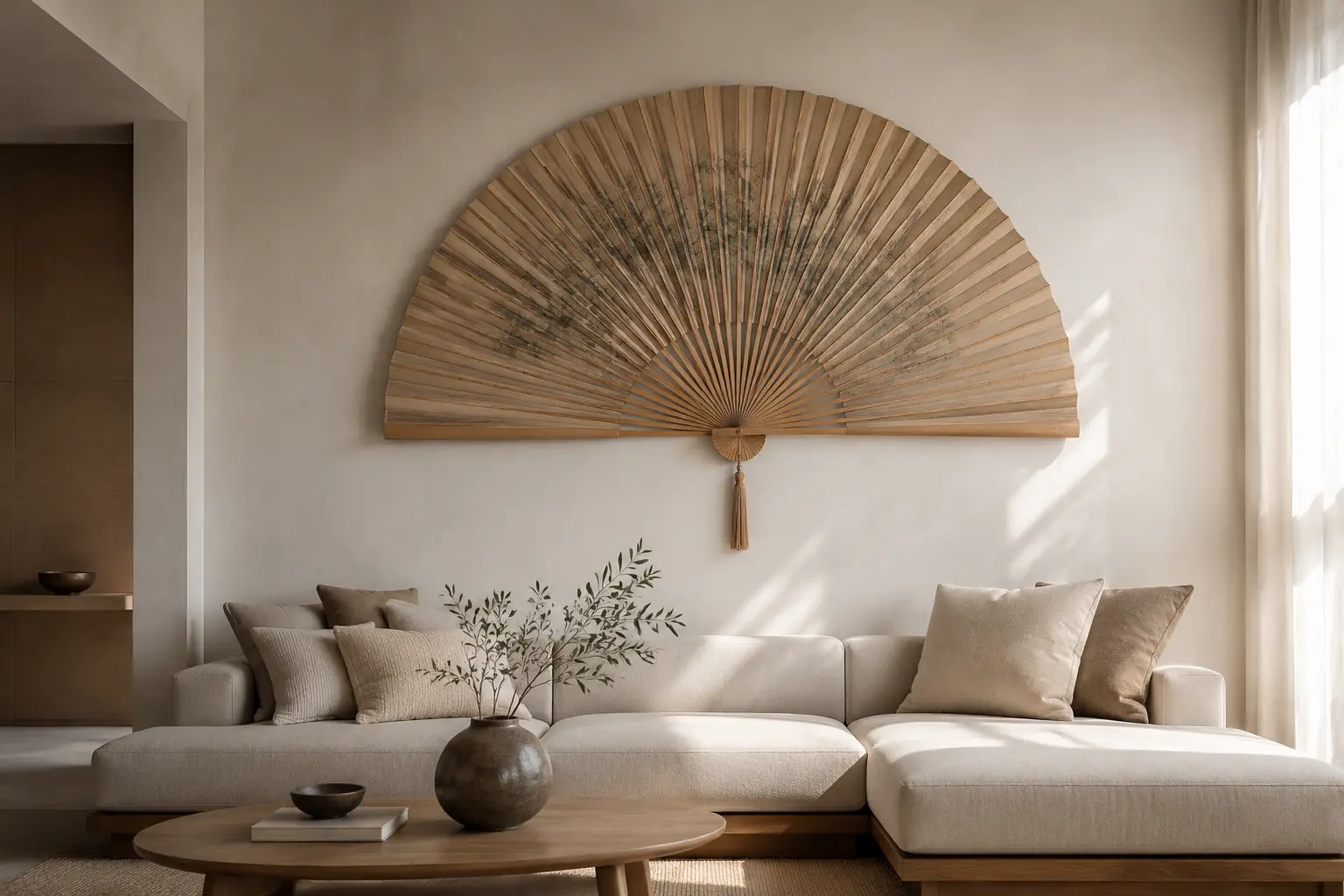 Large bamboo fan wall decor centered above a neutral sofa in a contemporary living room