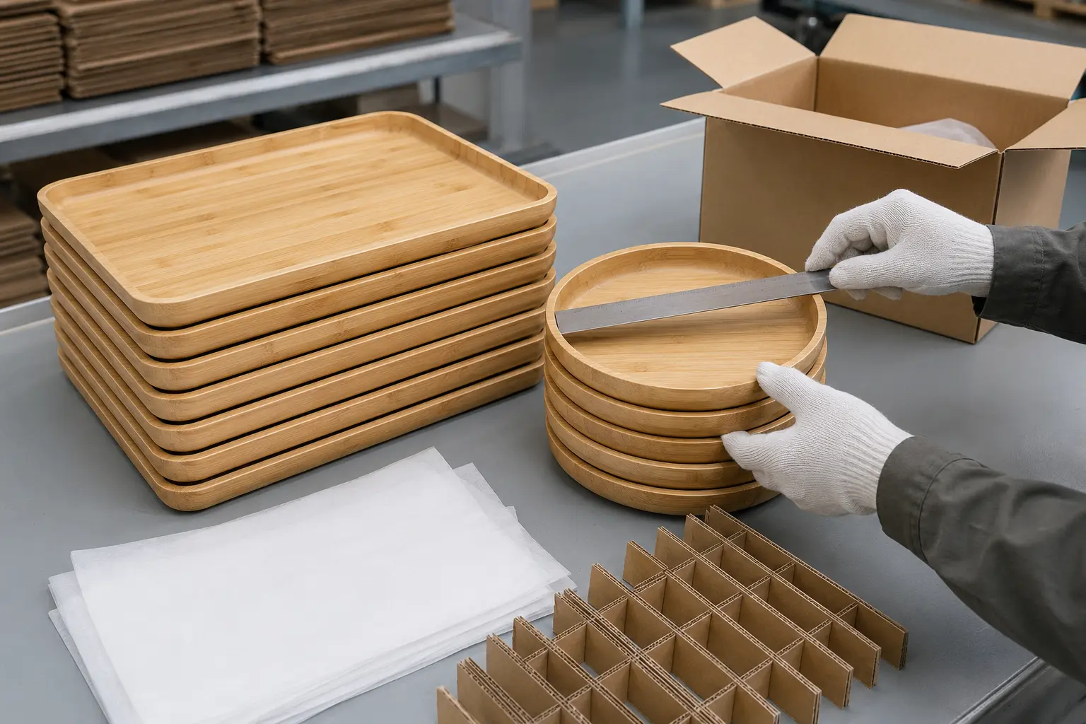 Large and small bamboo trays checked for stacking and protective packaging