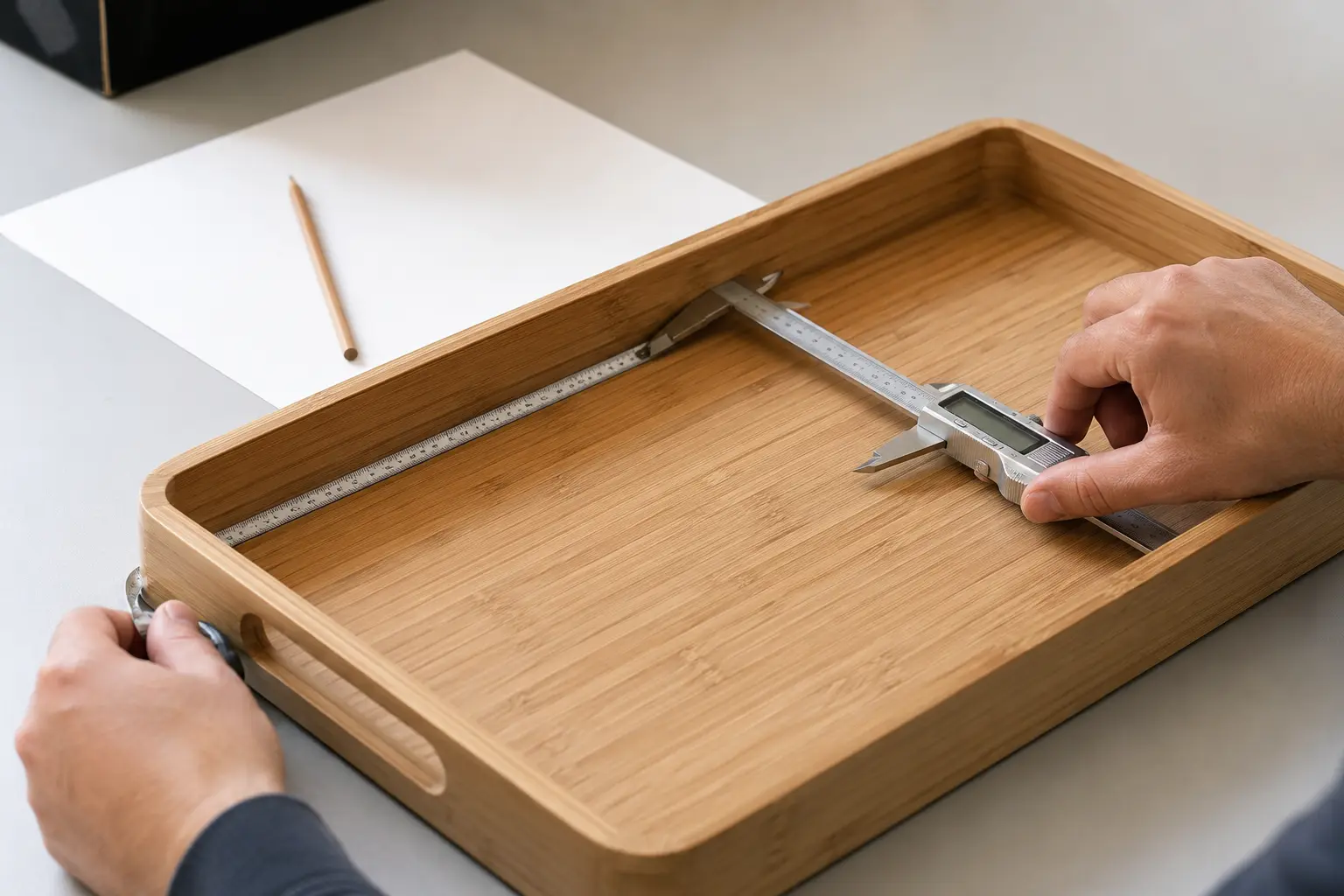 Product developer measuring the usable area of a rectangular bamboo tray
