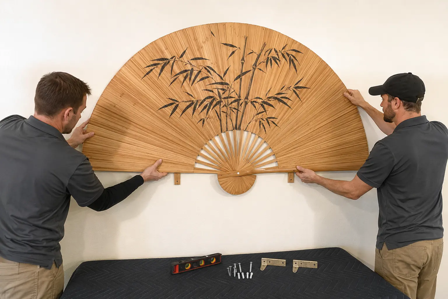 Two installers securing a large bamboo wall fan with concealed wall brackets