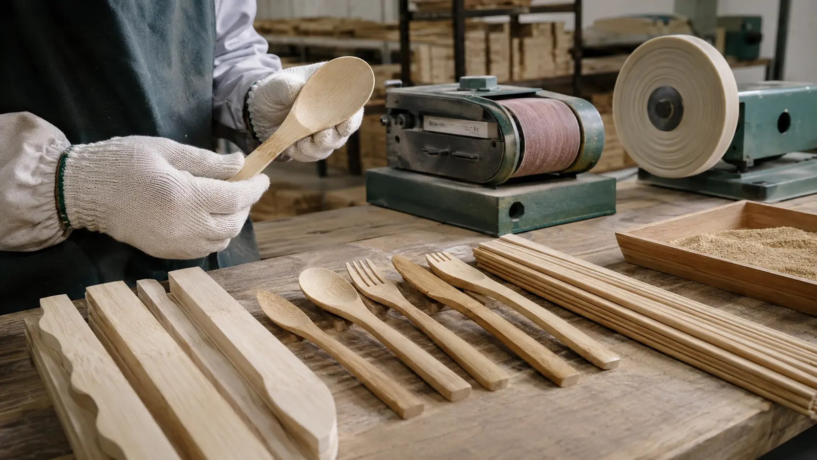 Natural bamboo flatware finishing process with sanding and surface inspection