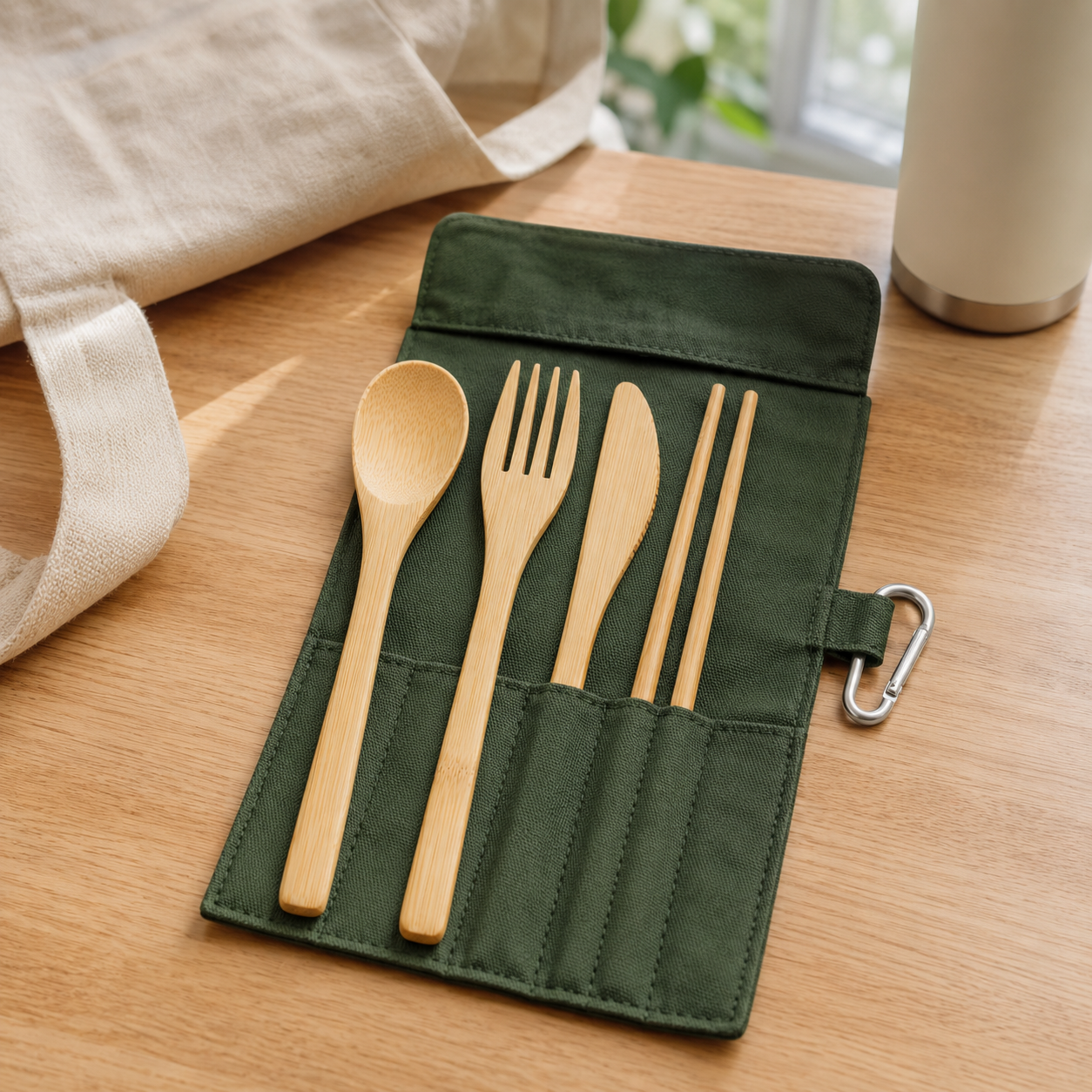 Bamboo-look travel utensils and chopsticks arranged in a green carrying pouch