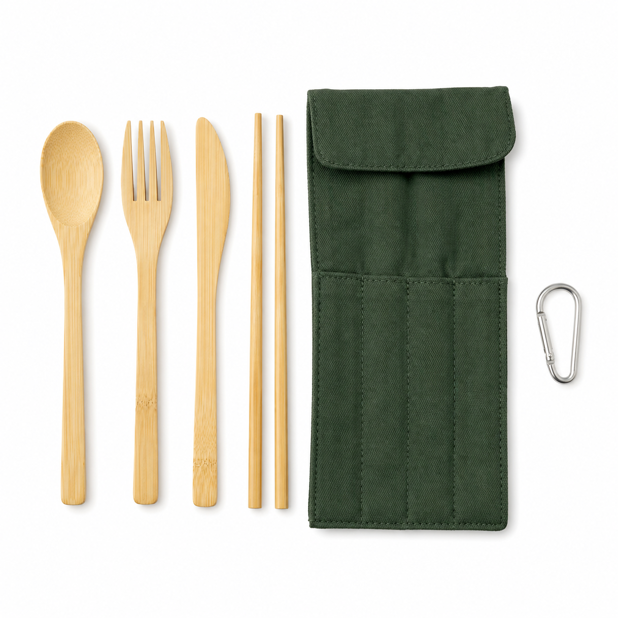 Portable travel cutlery set with bamboo-look spoon, fork, table knife, chopsticks, green pouch and metal clip