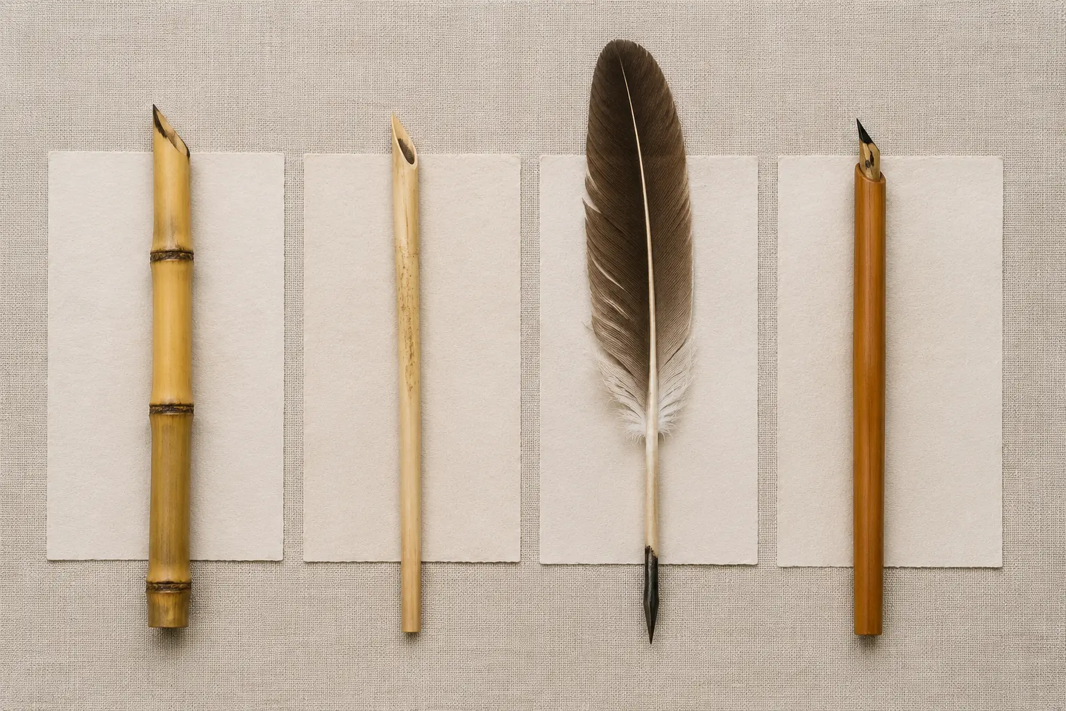 Top-down comparison of a bamboo pen, reed pen, feather quill and bamboo-handled calligraphy pen on separate paper swatches