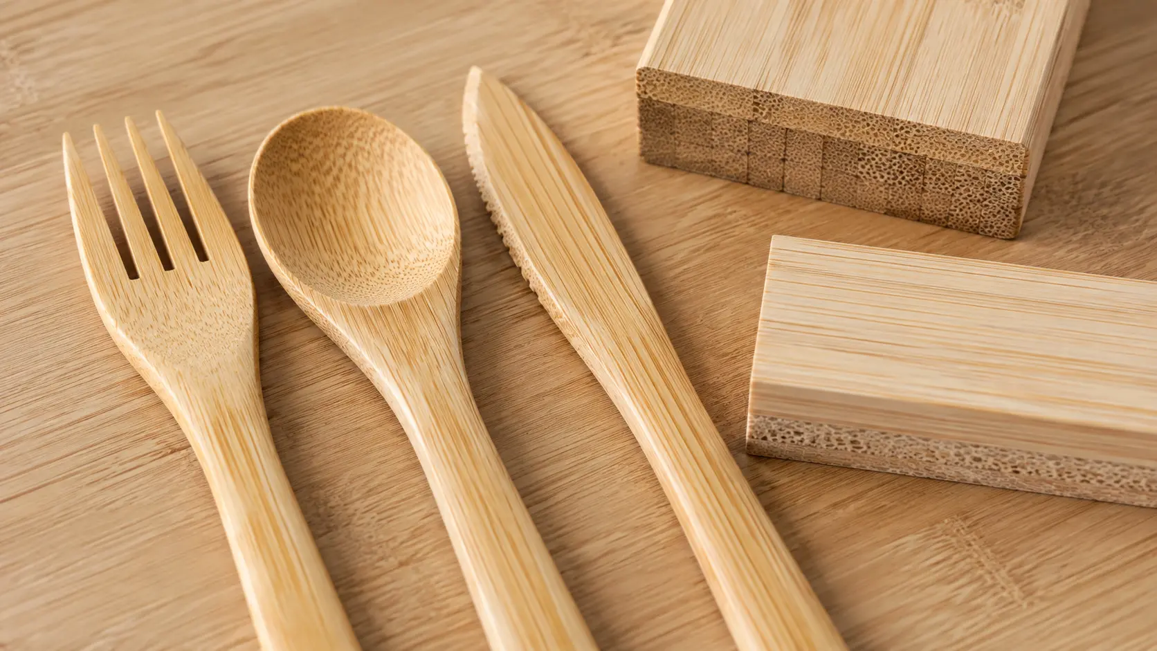 Real bamboo flatware showing natural grain and one-piece utensil construction