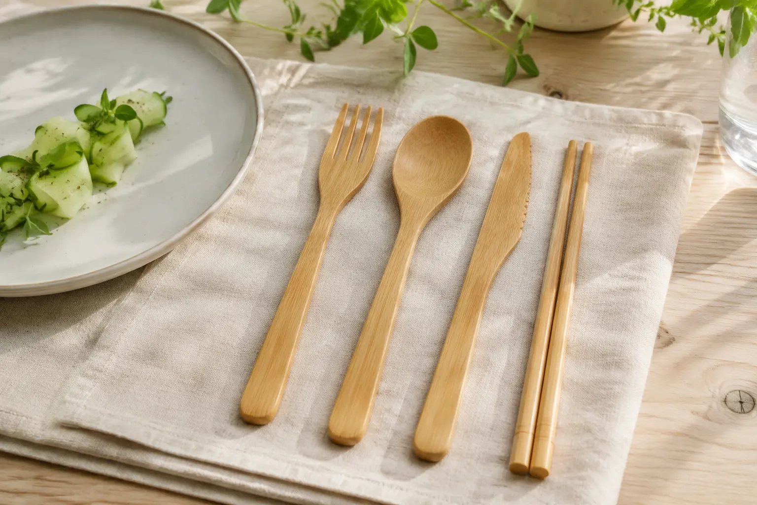 Reusable bamboo cutlery set with fork spoon knife and chopsticks on a natural dining table