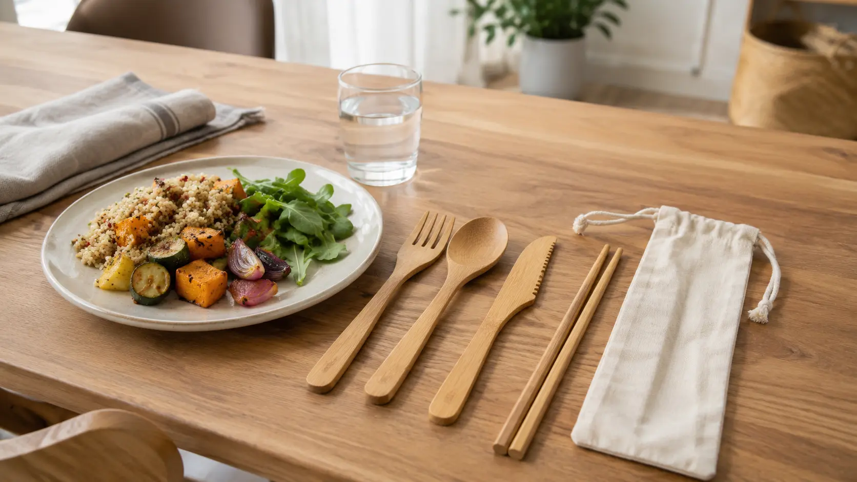 Reusable bamboo flatware set used for an everyday meal with a cotton storage pouch