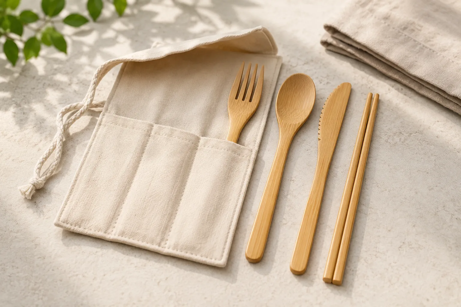 Reusable bamboo utensil set with spoon, fork, knife and chopsticks in a washable storage pouch