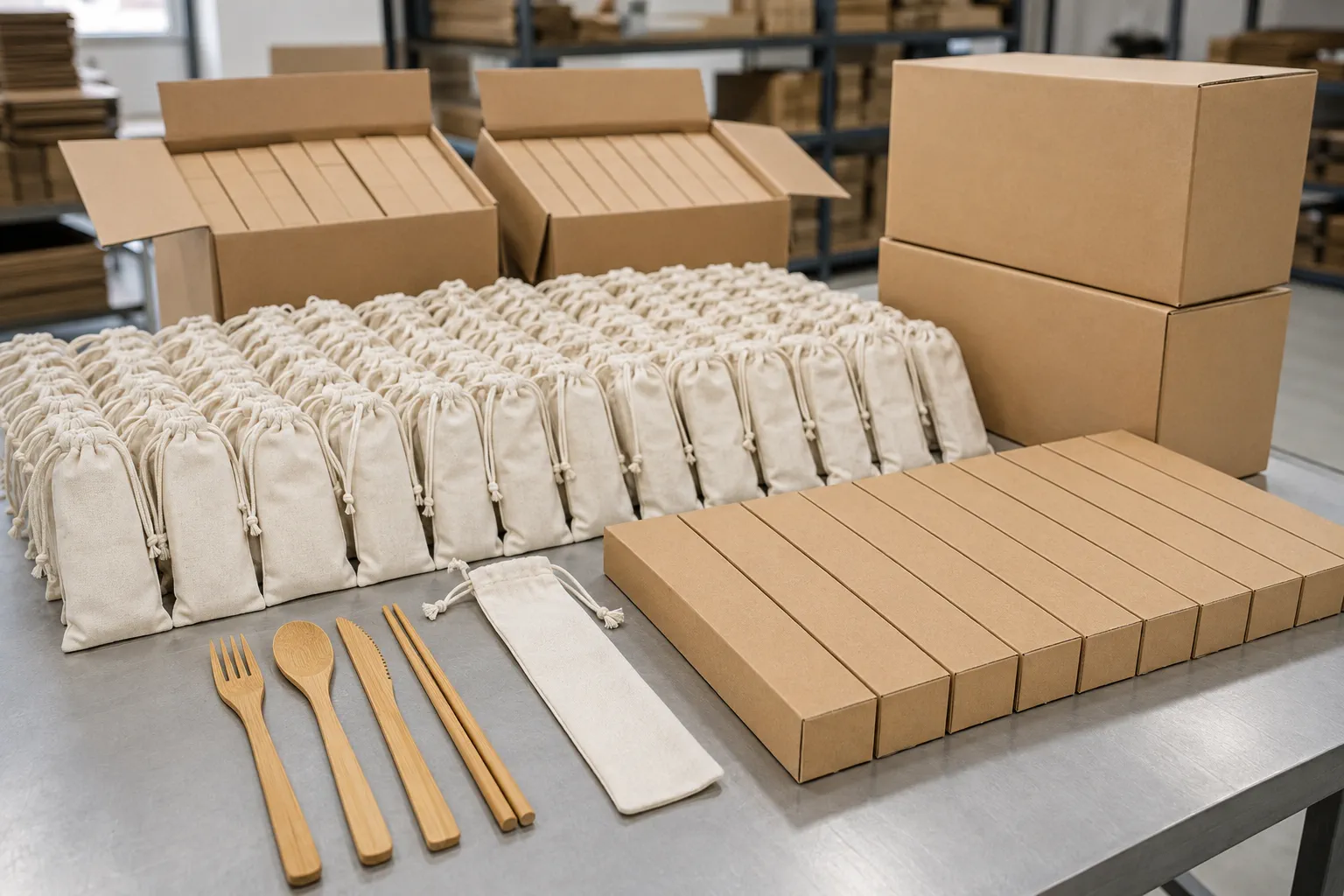 Reusable bamboo utensils in bulk arranged with OEM pouches, paper boxes and inspection samples on a factory worktable