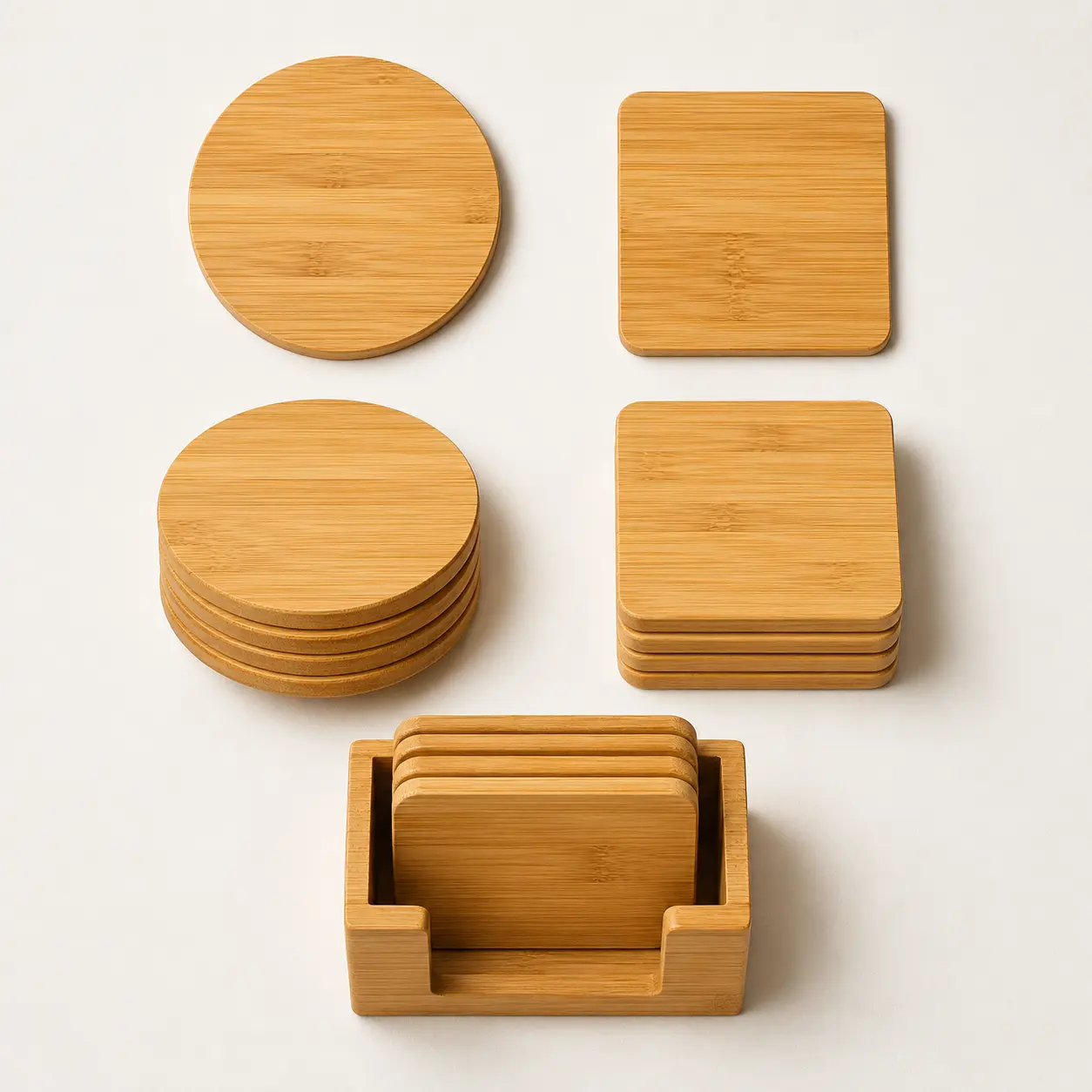 Top view comparison of round and square bamboo coaster sets with a holder