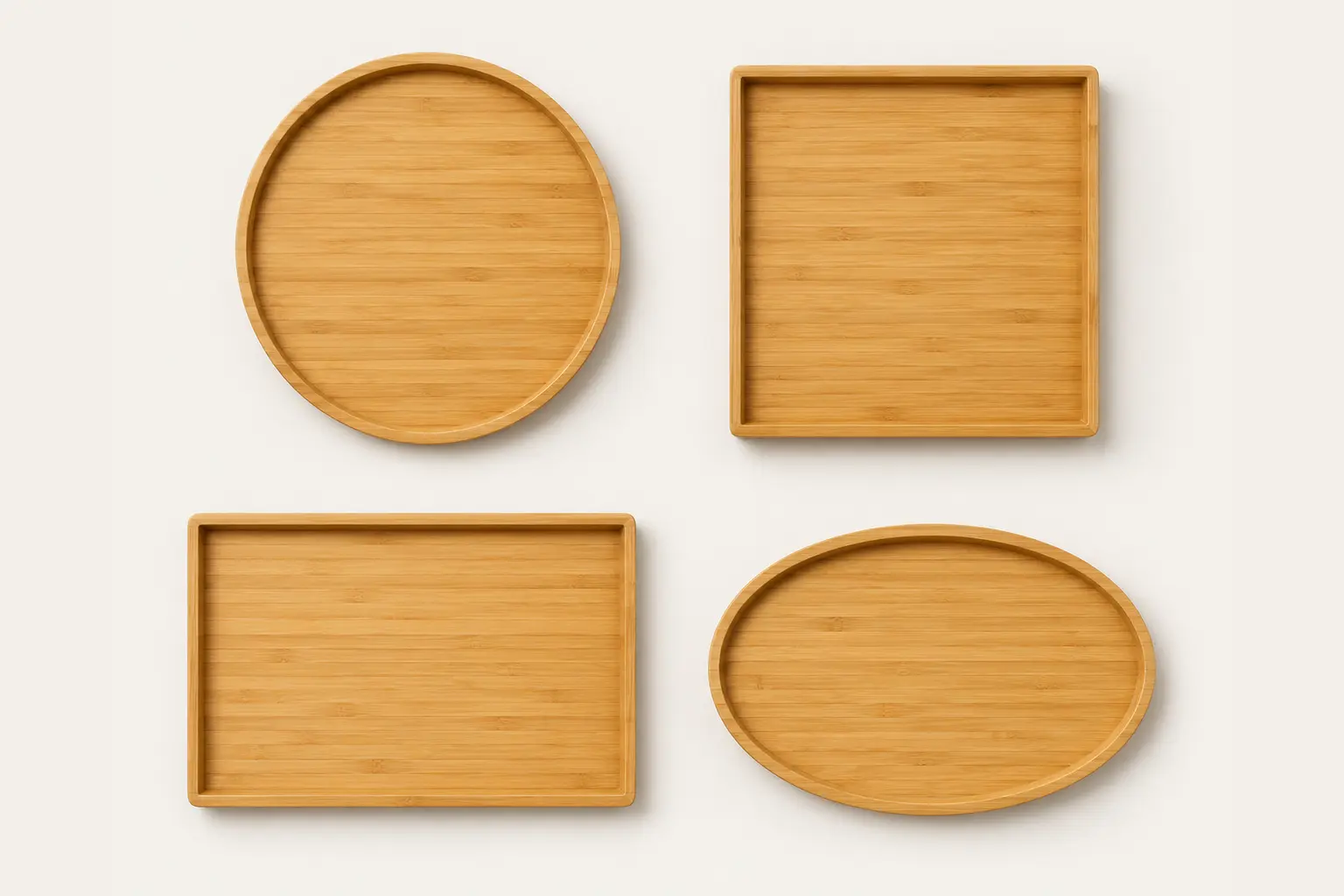 Top view comparison of round square rectangular and oval bamboo trays