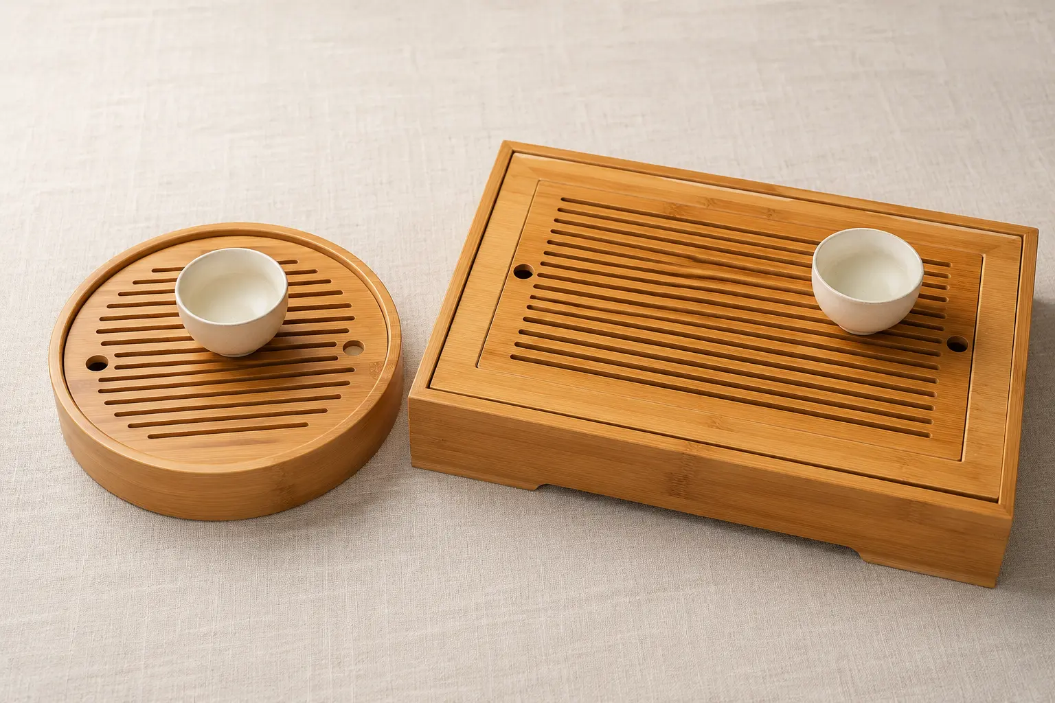 Round and rectangular bamboo tea trays compared side by side