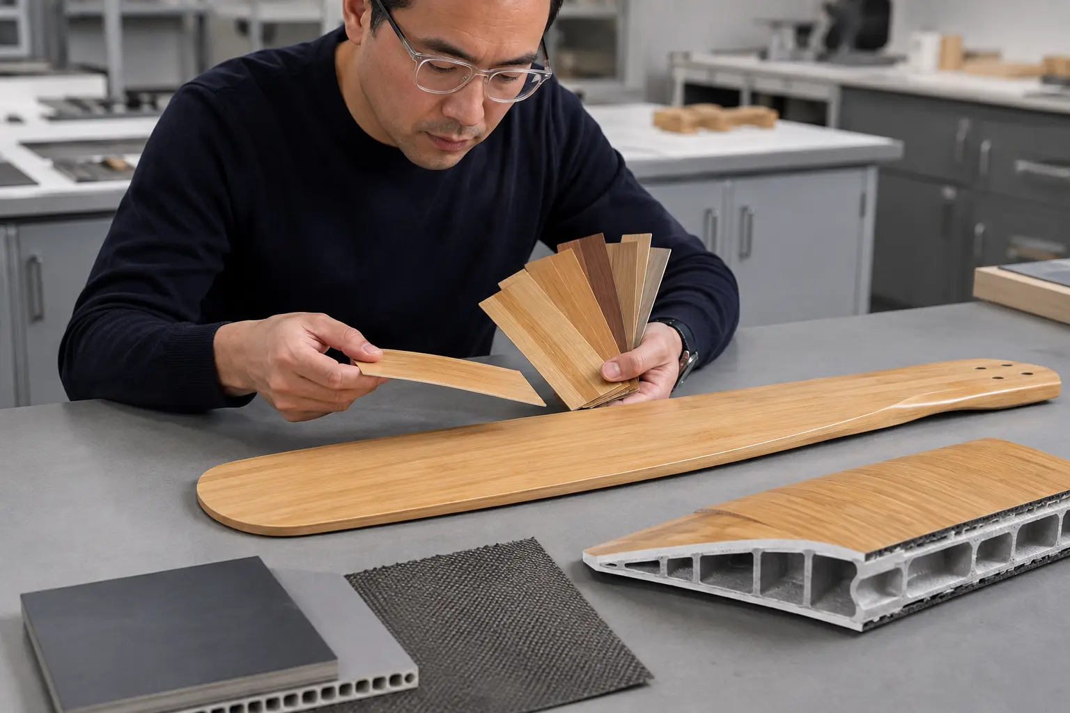 Bamboo-look surface over a lightweight engineered fan blade core