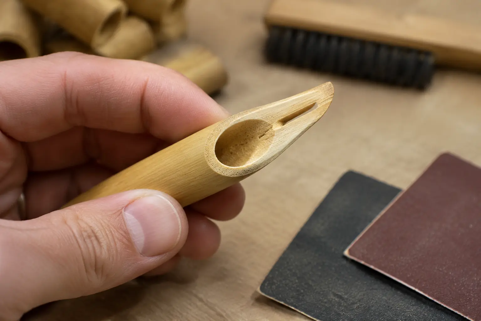 Close-up of a bamboo calligraphy pen nib being refined with a narrow slit and smooth broad writing edge
