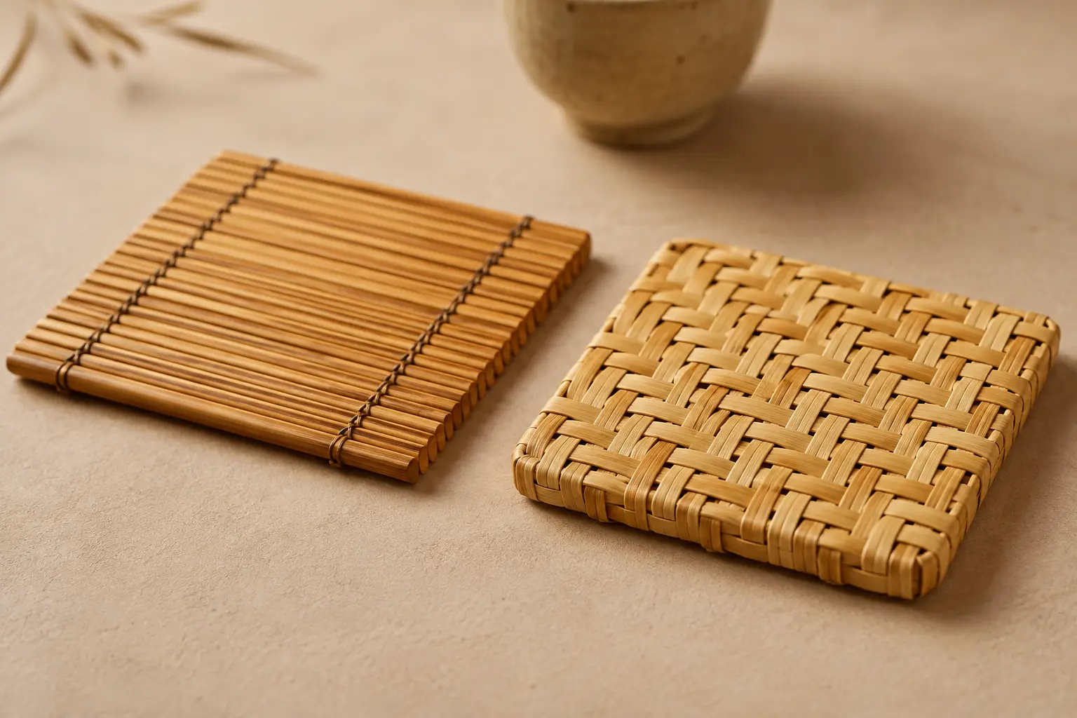 Close-up comparison of slatted and woven bamboo mat coaster textures