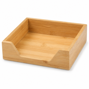 Square bamboo napkin holder tray with open top, raised sides and a wide front access cutout