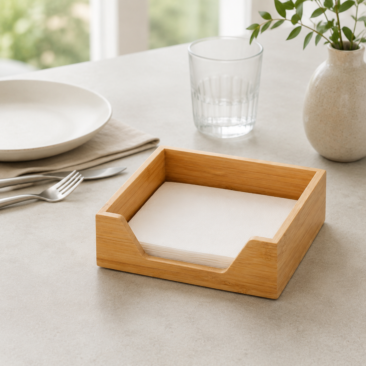 Square Bamboo Napkin Holder Tray – Dining Table View Plain square paper napkins stacked flat in a bamboo holder tray with a wide front access cutout on a dining table