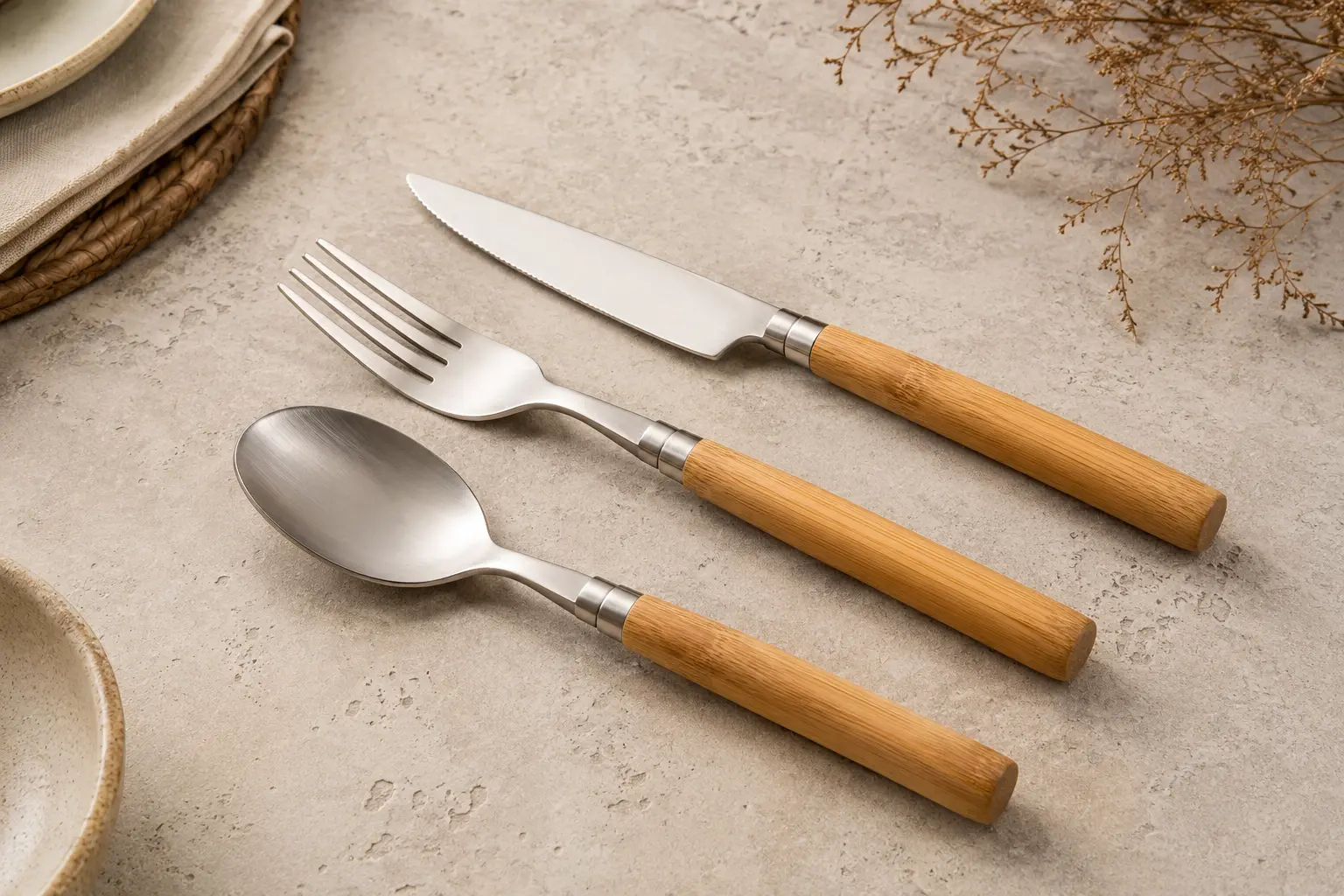 Stainless steel and bamboo cutlery set showing polished metal utensil heads and natural bamboo handles