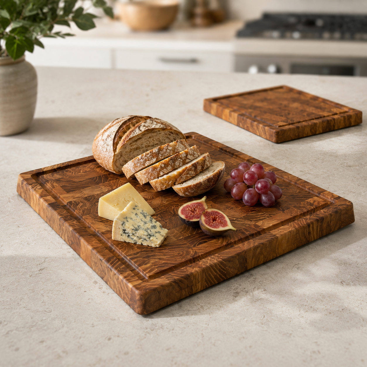 Warm-brown block-pattern serving board with bread, cheese, grapes and figs