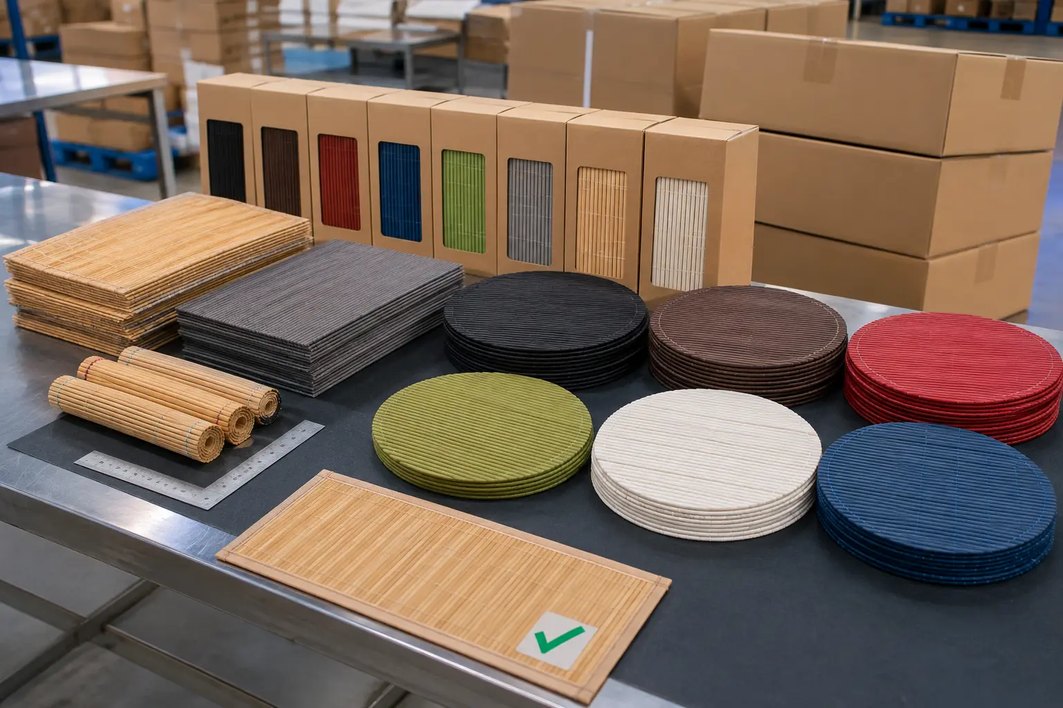 Assorted wholesale bamboo placemats in different colors and shapes