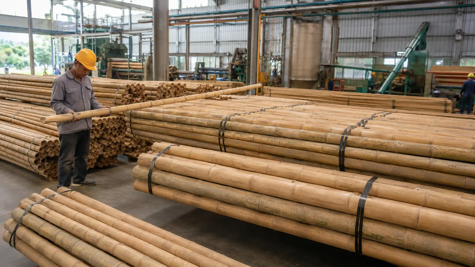 Wholesale bamboo poles inspected and bundled inside a bamboo processing factory