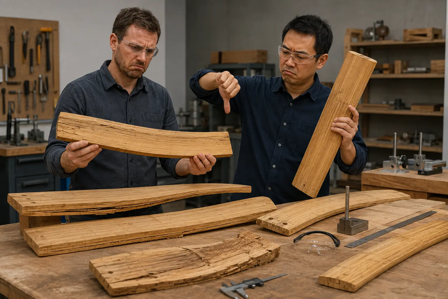 Rejected solid bamboo ceiling fan blade prototypes with warping, cracks and excessive thickness