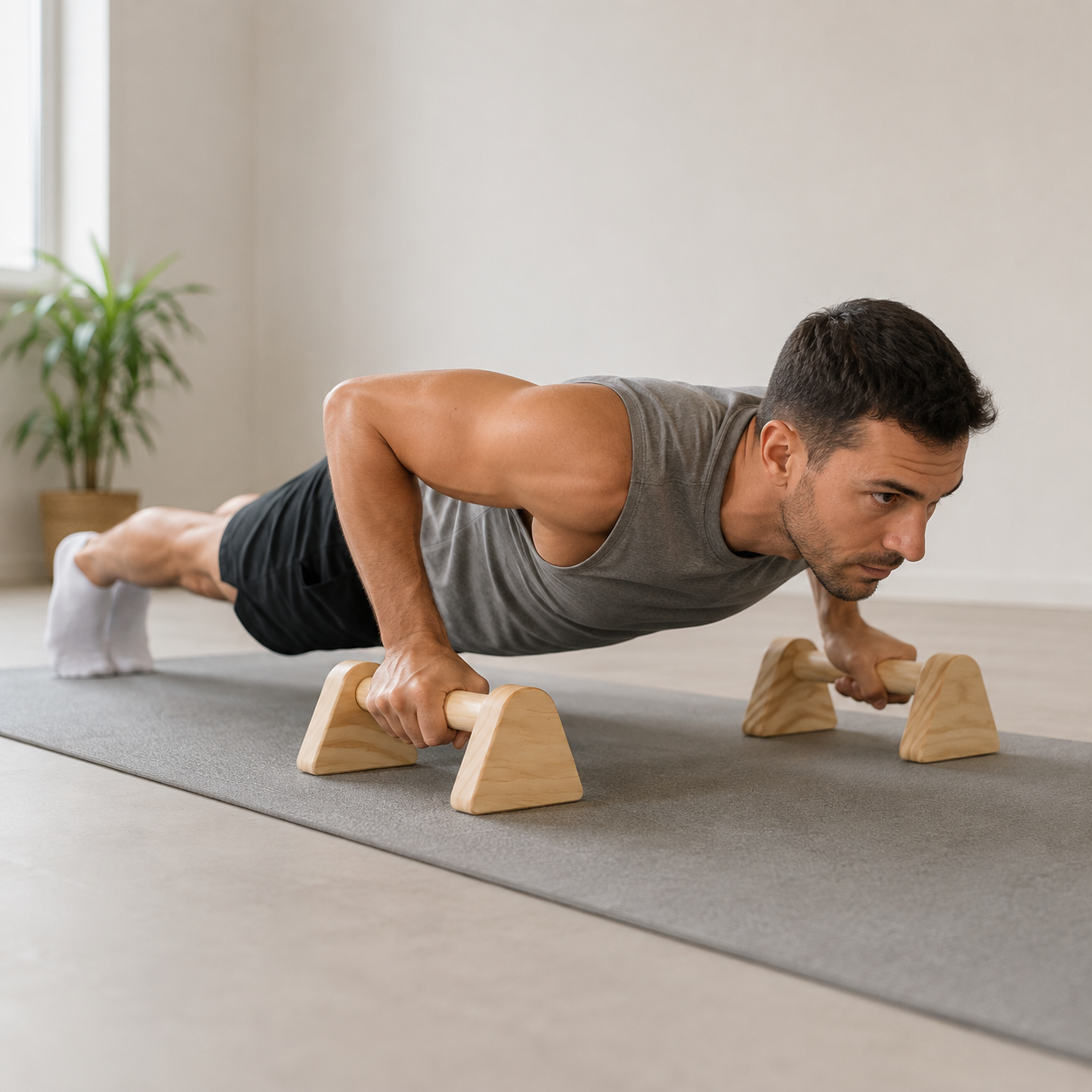 Athlete training with wooden push up bar stands at home