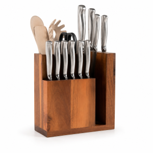 Wooden magnetic knife block with an integrated utensil holder on a white background