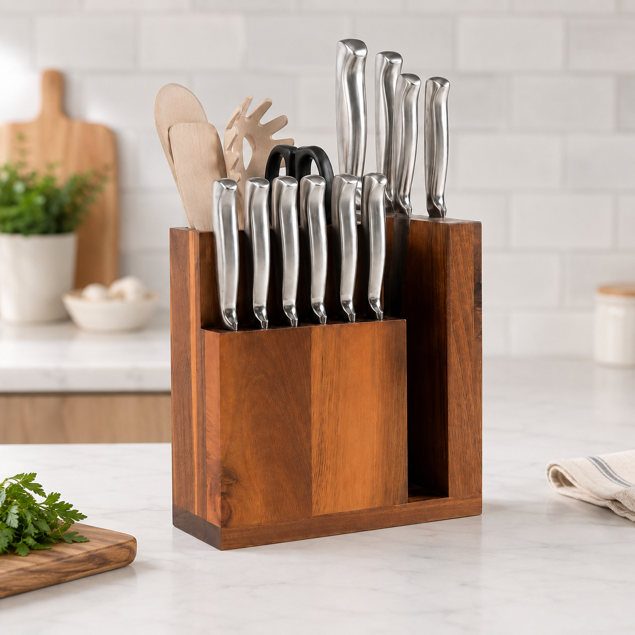 Wooden magnetic knife block with utensil holder displayed on a neutral kitchen counter