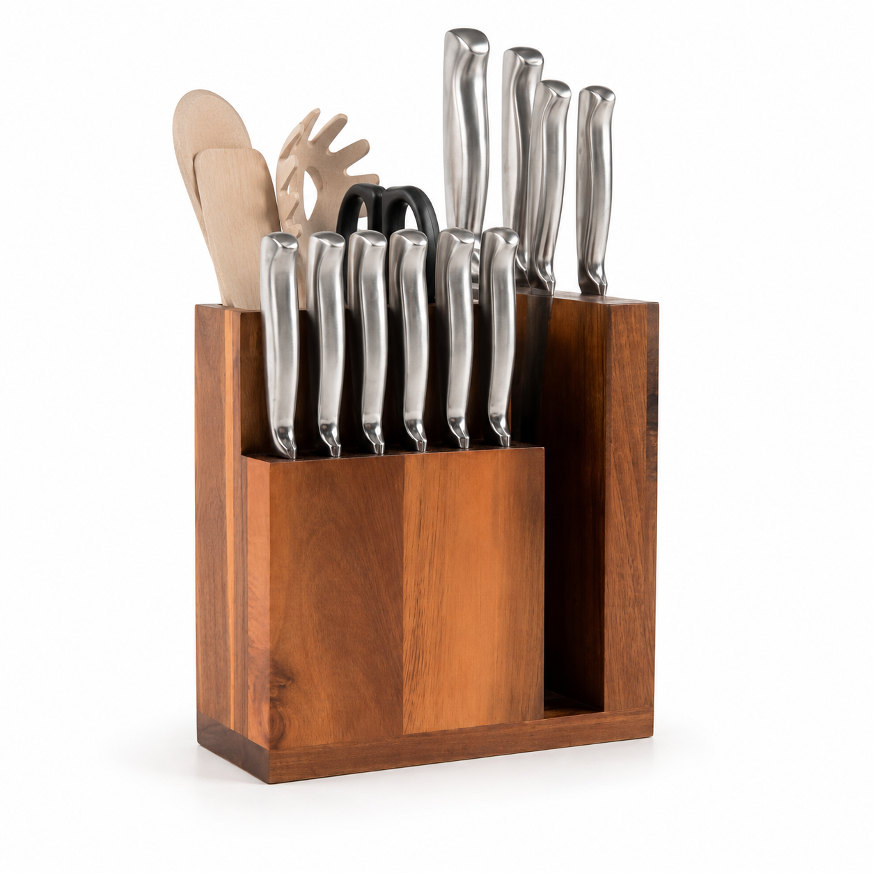 Wooden magnetic knife block with utensil holder shown with unbranded kitchen tools on a white background