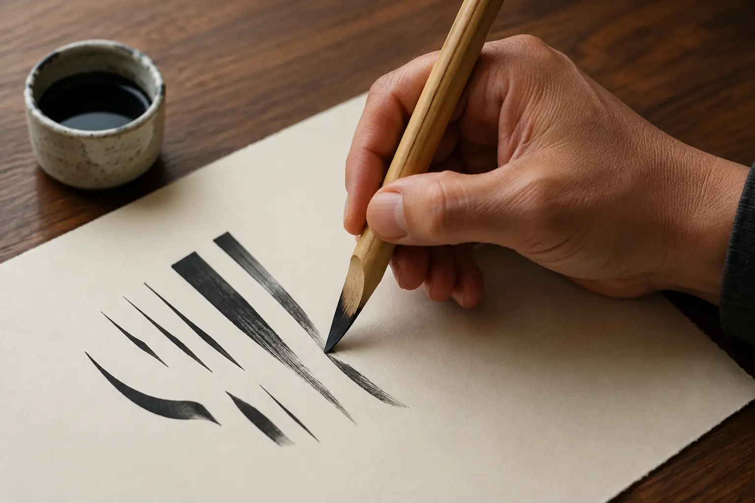 Adult hand holding a bamboo qalam at a stable angle while making abstract broad and thin ink strokes
