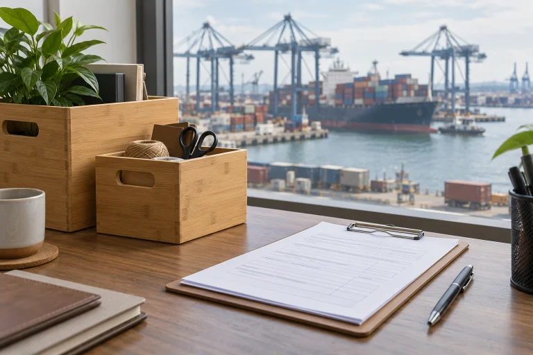 Bamboo storage boxes and import paperwork overlooking a container port