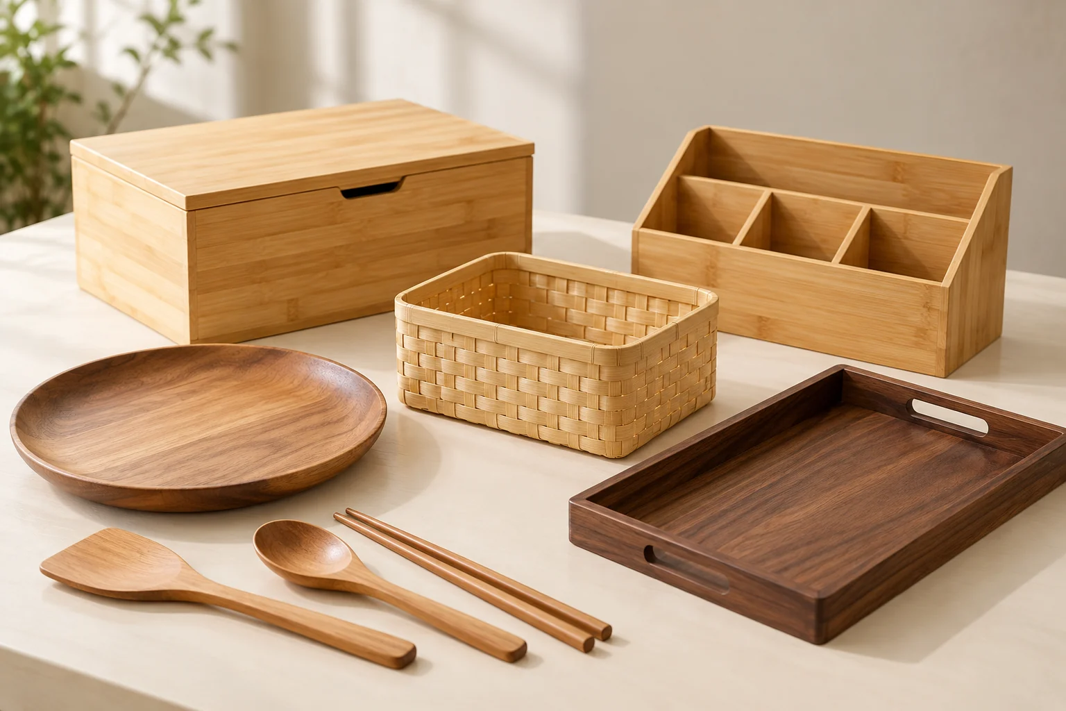 Bamboo storage box, woven basket, organizer and wooden kitchenware product examples
