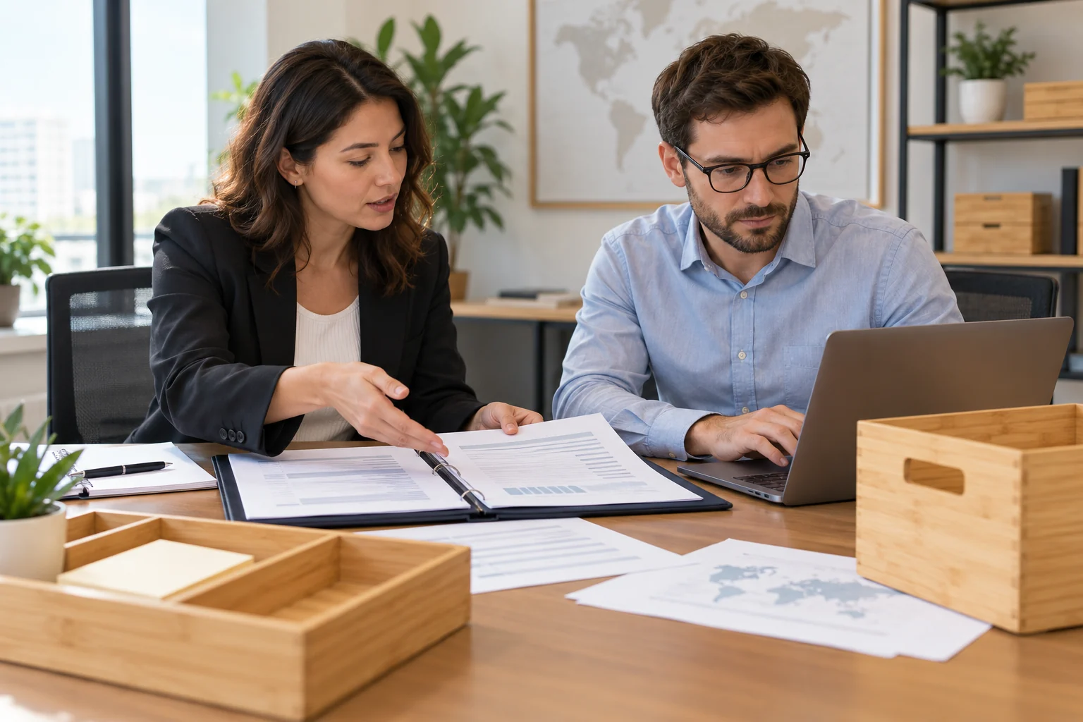 Buyer and customs broker reviewing importer documents beside bamboo product samples