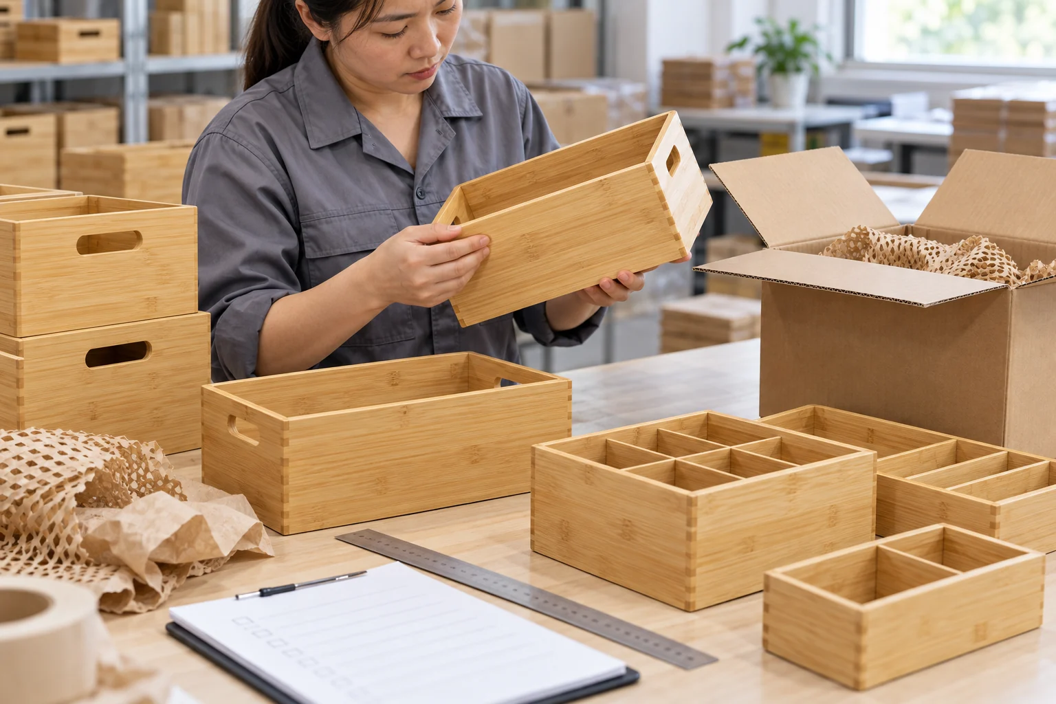 Worker inspecting bamboo storage boxes and export carton packing