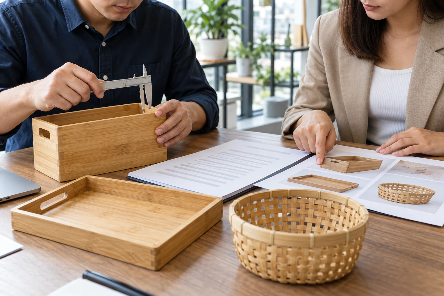 Procurement colleagues reviewing bamboo and wooden product samples and specifications