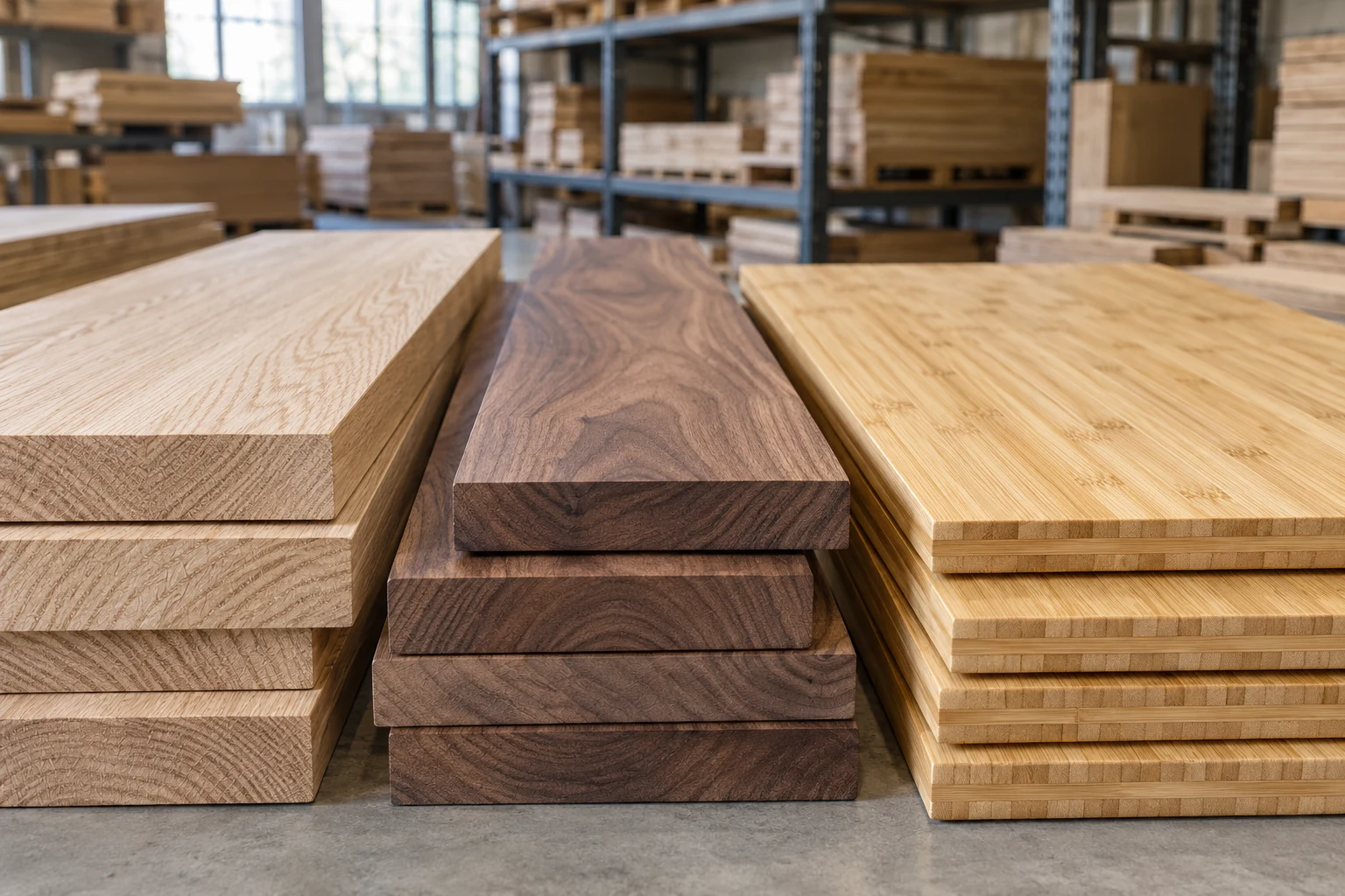 Stacks of oak and walnut hardwood boards beside golden laminated bamboo panels in a warehouse.
