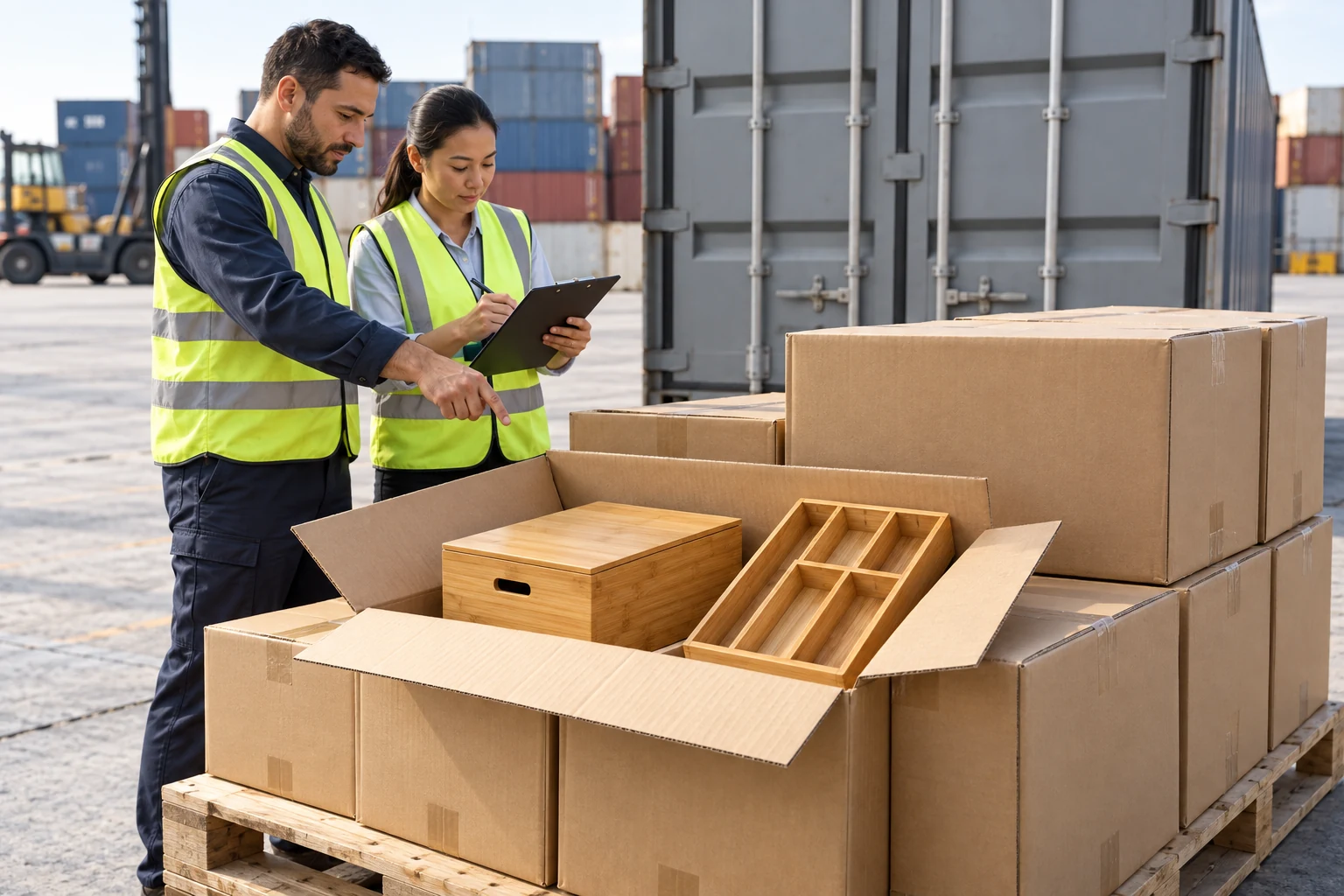 Logistics colleagues checking cartons of bamboo storage products at a container terminal