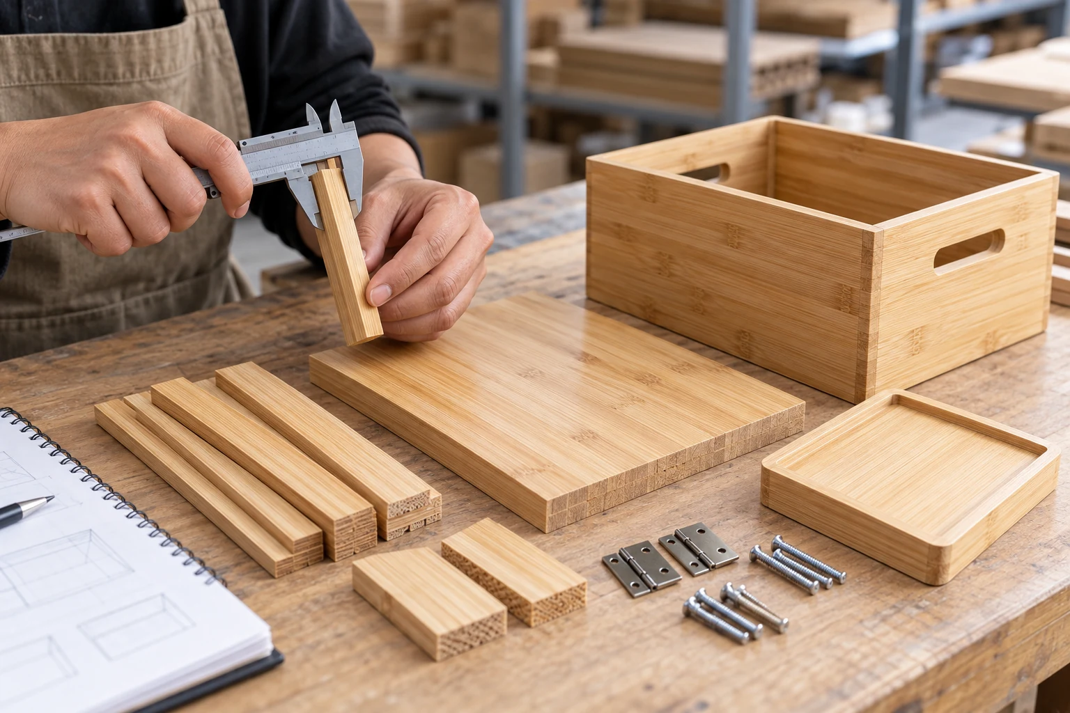 Technician measuring a bamboo component beside product samples and material boards