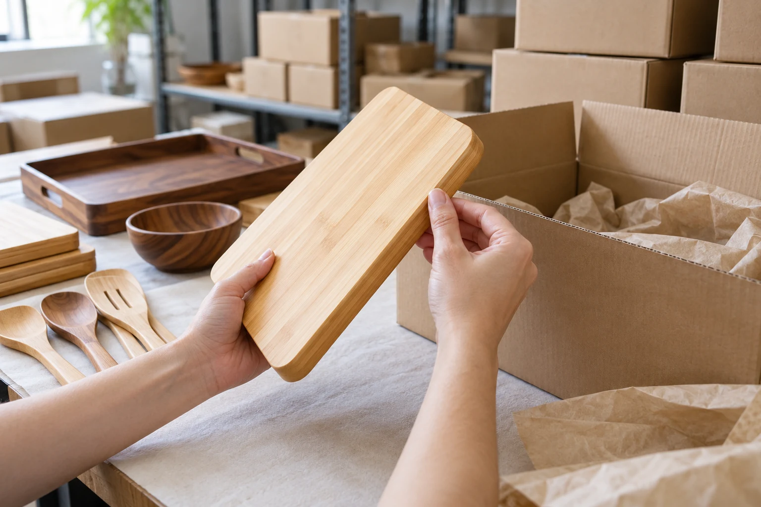 Hands inspect a bamboo cutting board beside wooden kitchenware and plain export packaging.