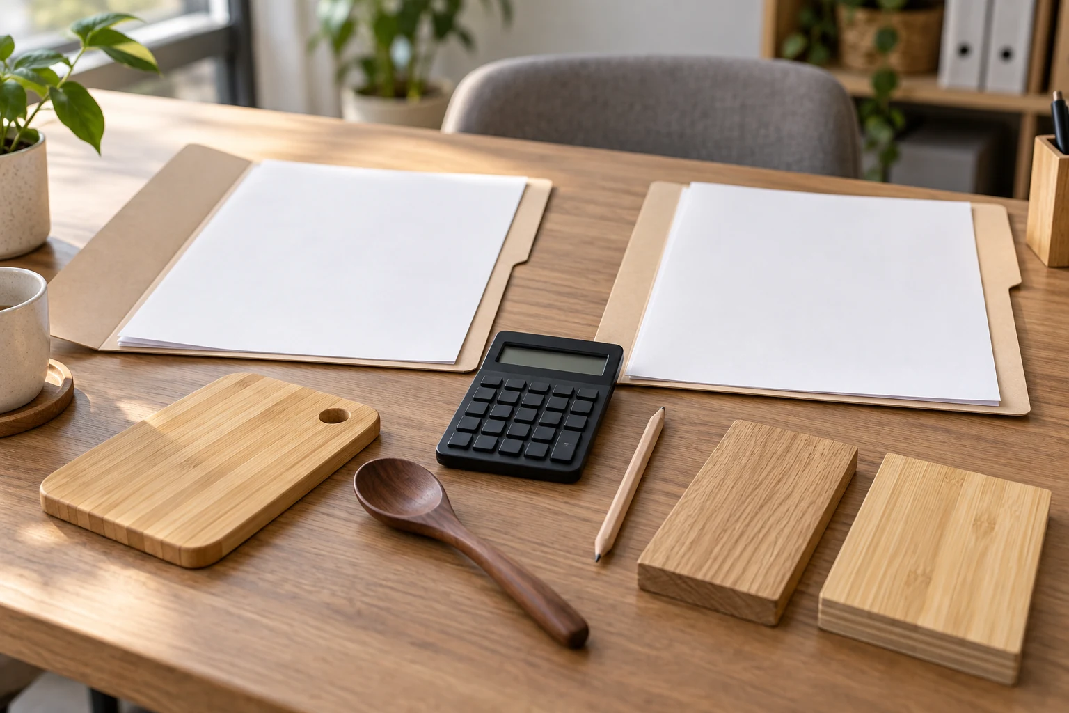 Two blank quote folders, a calculator and bamboo and hardwood samples on a buyer’s desk.