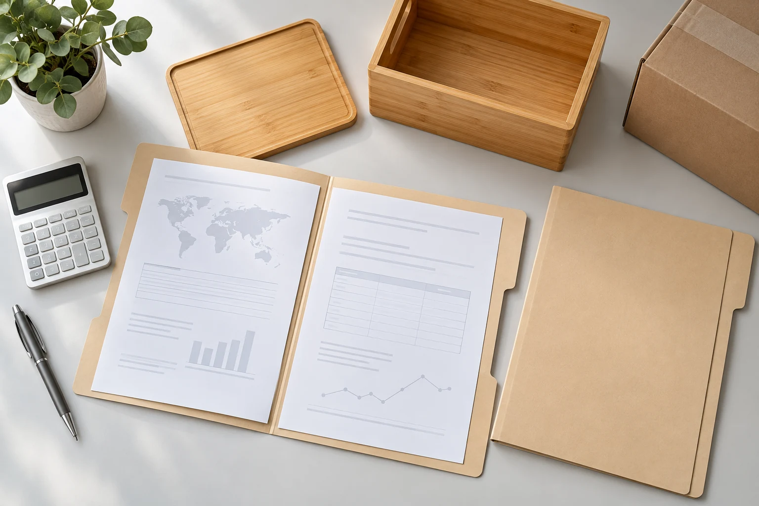Folders and a calculator beside bamboo box samples for pre-shipment document preparation