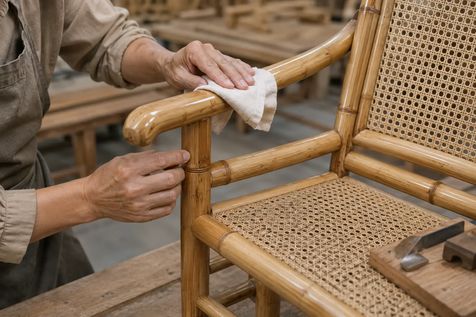 Cleaning and quality inspection of a bamboo armchair frame and weave