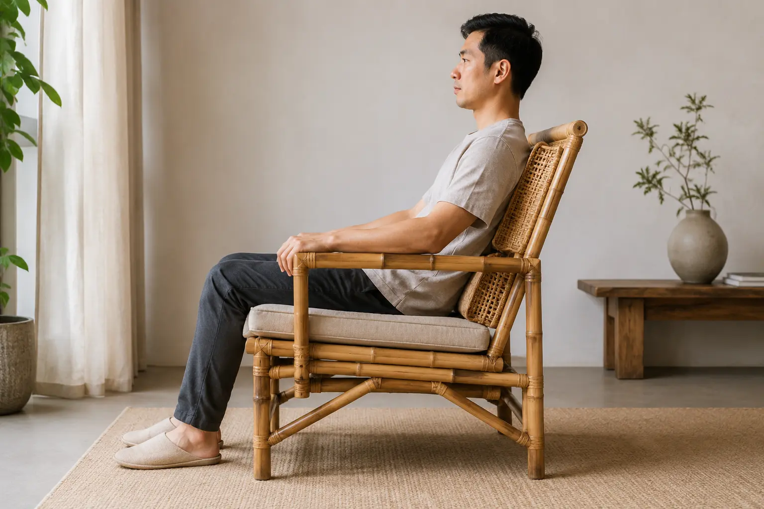 Key comfort dimensions of a bamboo armchair including seat back and armrest