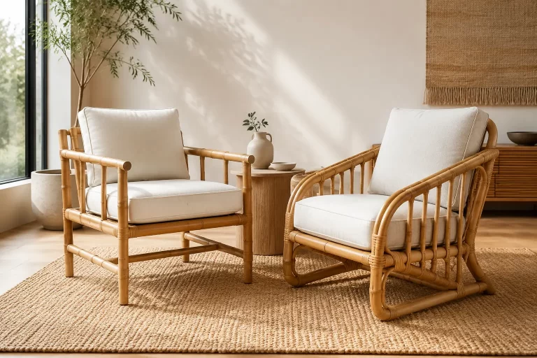 Bamboo armchairs with cushions in a modern natural living room