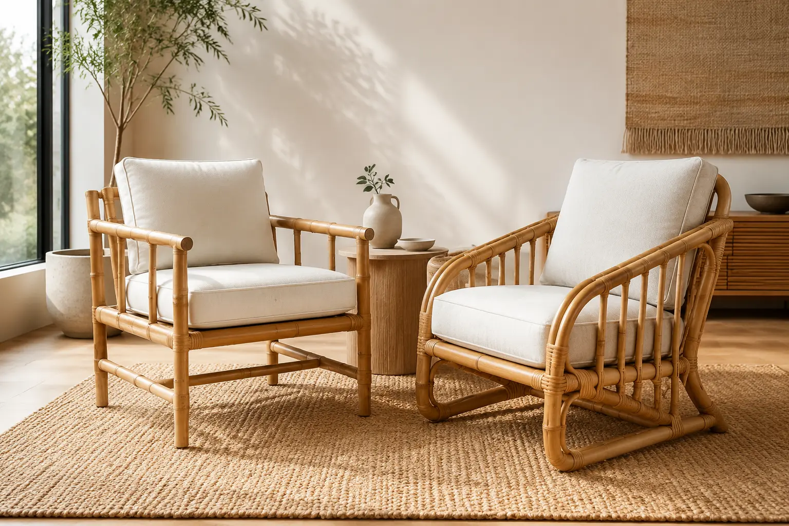 Bamboo armchairs with cushions in a modern natural living room