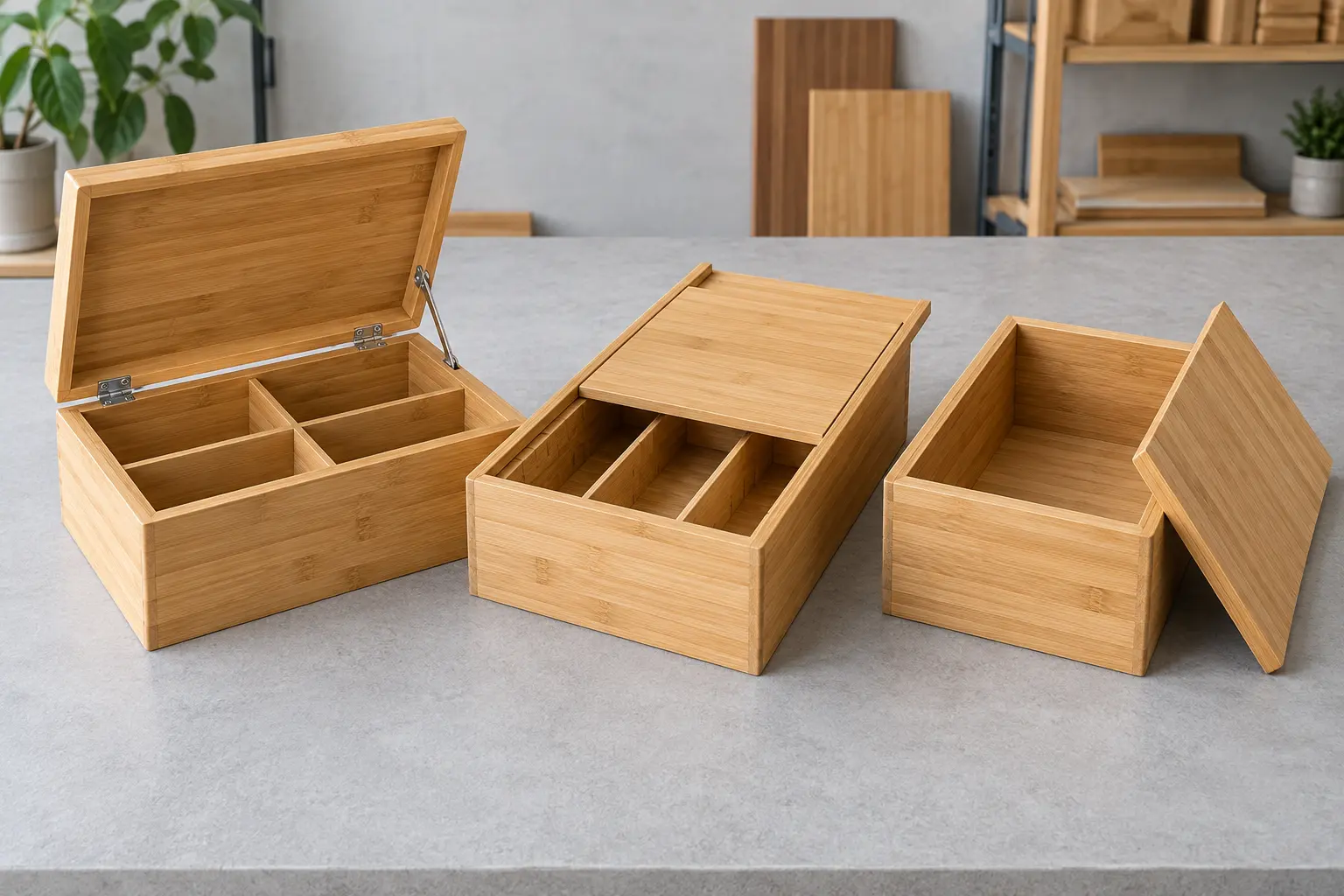 Bamboo storage box lid closure and compartment design options for custom manufacturing