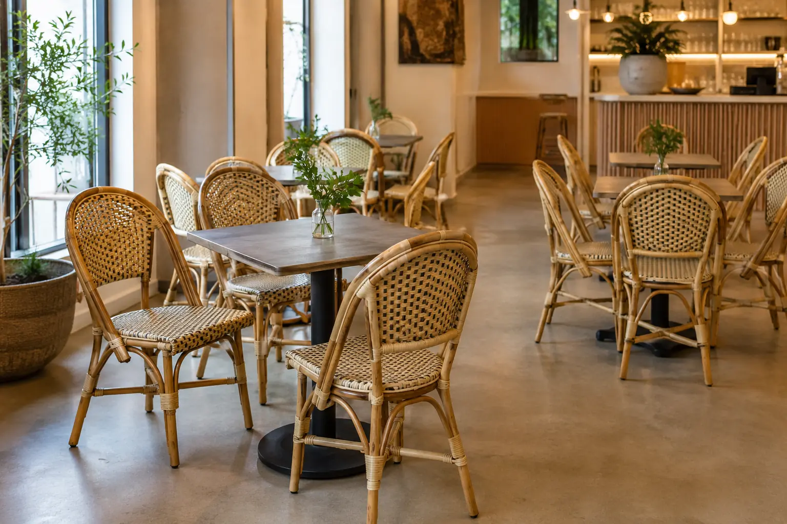 Bamboo cafe and restaurant chairs in a practical commercial dining layout